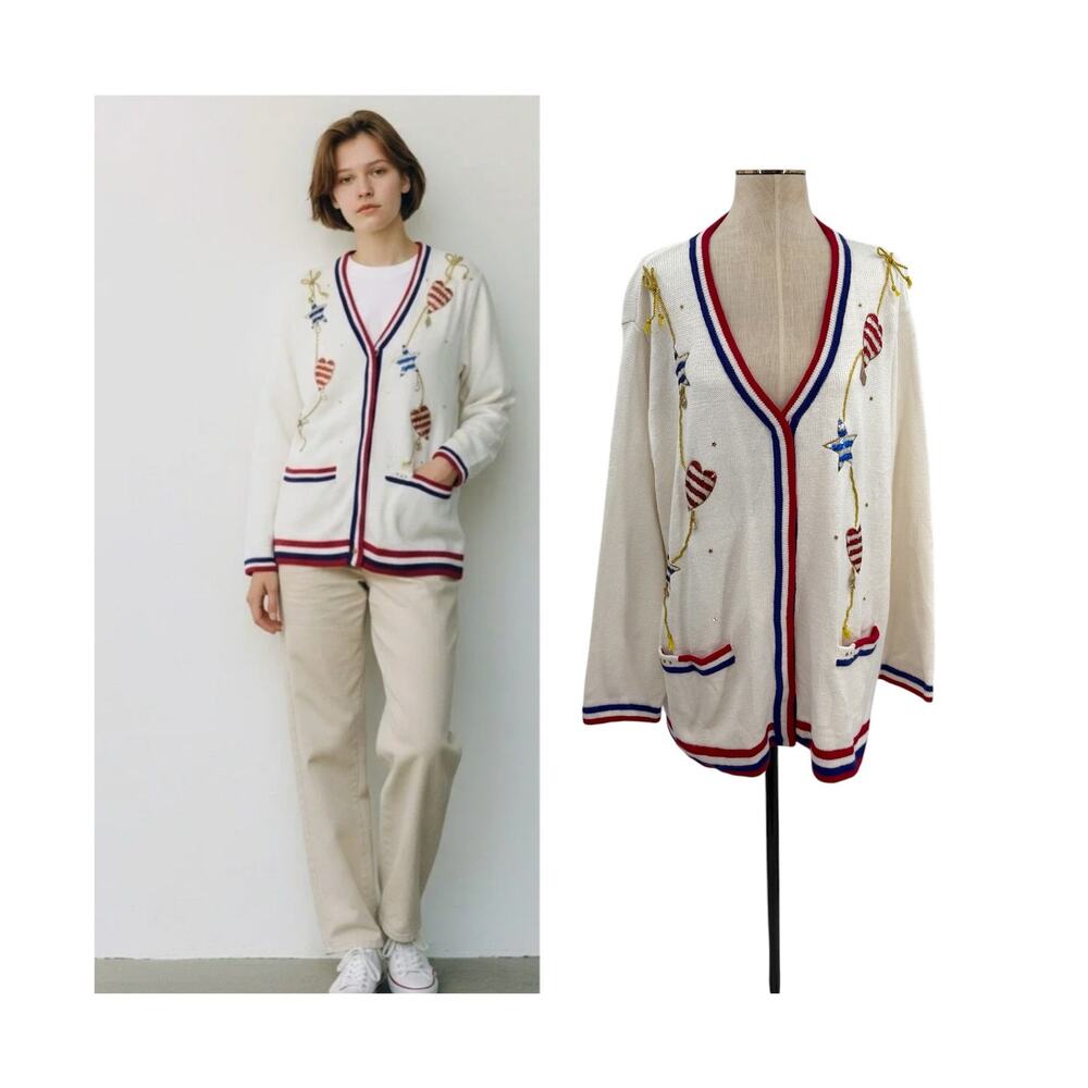 Storybook Knits Patriotic Americana USA Flag Hearts Stars Cardigan Sweater 3X